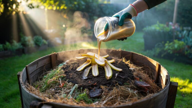 Illustration of banana peels and garden waste being layered in a compost bin to boost heat and accelerate decomposition overnight