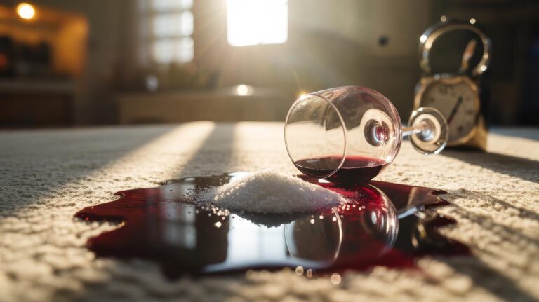 Illustration of salt crystals absorbing a fresh liquid spill on a carpet within five minutes