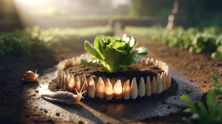 Illustration of crushed eggshells forming a protective ring around vegetable seedlings to repel slugs and snails in a garden