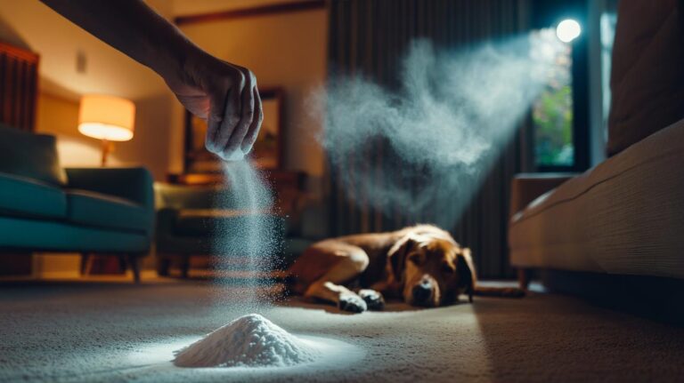 Illustration of [a pet owner sprinkling baking soda on a carpet and sofa before bedtime to neutralise pet odours, with a sleeping dog nearby]