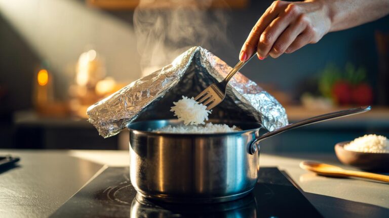 Illustration of a loose foil tent over a pot while a fork fluffs clumpy rice into separate grains