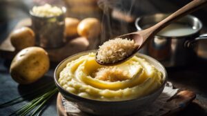 Illustration of creamy mashed potatoes enhanced with a small amount of rice for silky texture