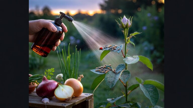 Illustration of onion-based spray applied at dusk on garden plants to repel aphids