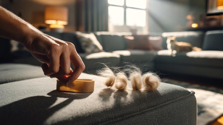 Illustration of a hand using a rubber band to remove pet hair from a fabric sofa