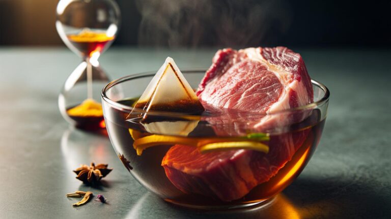 Illustration of a raw steak marinating in cooled black tea with a visible tea bag and kitchen timer, showing tannin-based tenderising in 30 minutes